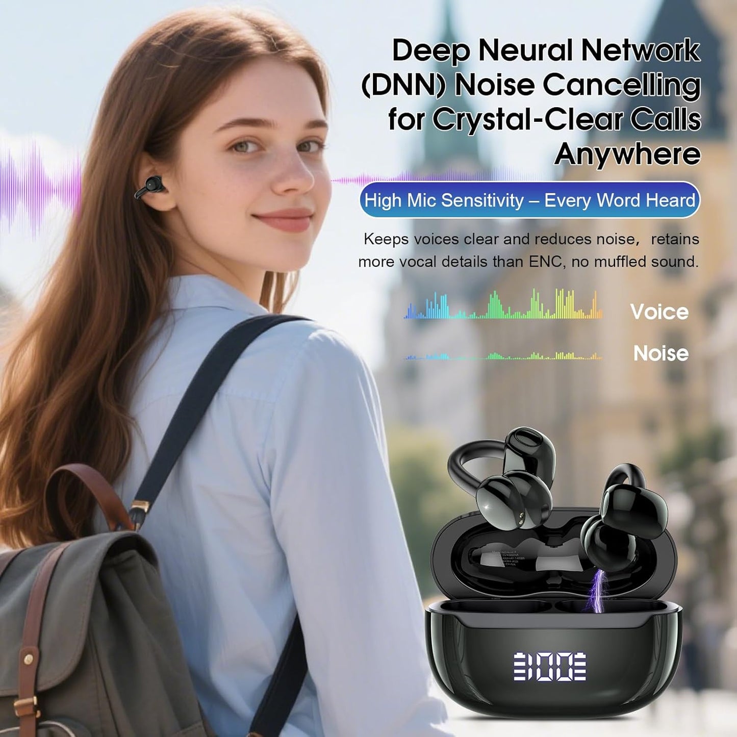 Skiennix Wireless Earbuds - Open Ear Bluetooth 5.4 Headphones with DNN Noise Cancelling, 48H Playtime, Secure Fit | Black