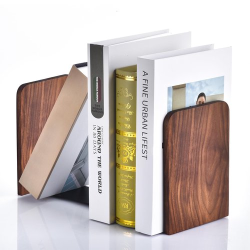 Book Ends, Black Walnut Wooden Bookends for Shelves - Heavy Duty Non-Slip Book Organizers, Upgraded Large Decorative Bookend Holders for Home, Kitchen, Office, Set of 2, Large