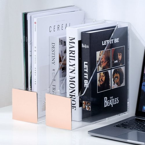 Zyners 2 Packs Clear Acrylic Magazine File Holder, Plastic File Folder Storage Organizer , Decorated with Rose Gold Sequins for Office, Home, Desk, School（9.8" x 3.5" x 10"）