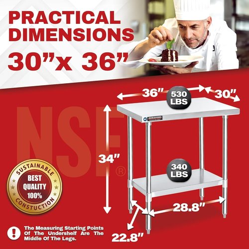 DuraSteel 30x36 Stainless Steel Work Table - NSF Commercial Prep Table with Under Shelf | Versatile Kitchen & Outdoor Use