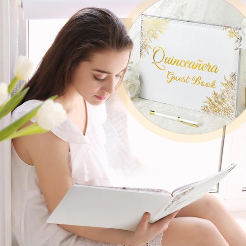 MotiMind Quinceañera Guest Book with Pen 11 x 8 Inch Libro De Firmas Para 15 Años Quinceanera Leather Hardcover Signature Book Guest Sign in for 15th Party Favors Decoration(White,Floral)