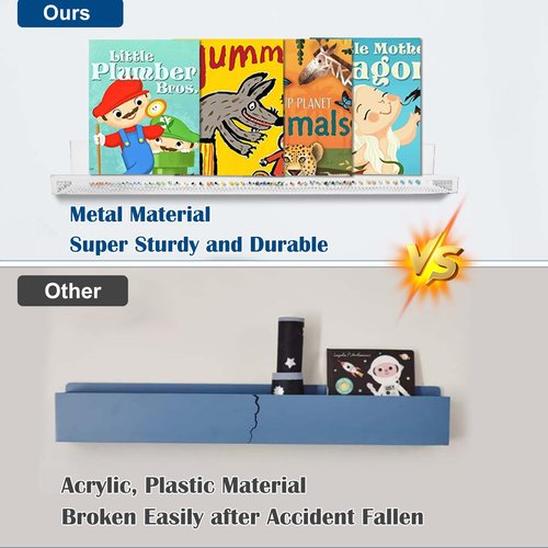 2 Pack White Metal Magnetic Book Shelf for Whiteboard Classroom, 17Inch Floating Book Display Shelves Heavy Duty Magnetic Book Holder Magnet Refrigerator Organizer for Kid Room Office Teacher Storage