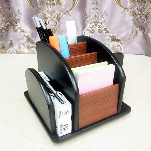 NA Rotatable remote control organizer wooden multi-purpose pen holder multi compartment storage and sorting box office and home desktop organizer HeBen7005
