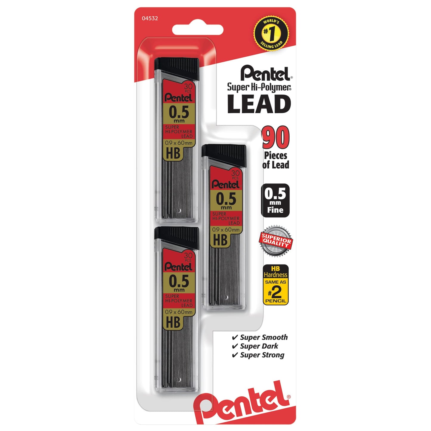 Pentel Super Hi-Polymer Lead Refills, (0.5 mm), Fine, HB, Pack of 3, 90 Pieces (C25BPHB3-K6)