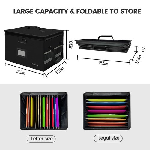 File Box with Lock, Fireproof Document Box with 10 Tab&Inserts, Collapsible File Organizer Filing Cabinet Box, Fire Proof Safe File Cabinets for Home Office Hanging Letter/Legal Folder