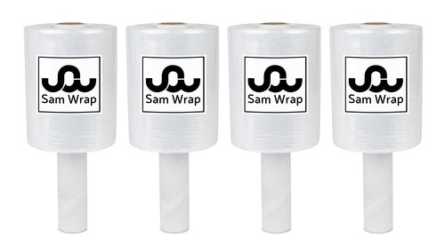 Sam Wrap (R) Stretch Wrap 5" x 1000' Roll With Handle, 80 Gauge Extra Thick Durable Self-Adhering Plastic Wrap for Moving, Packing Wrap Industrial Strength, Clear Plastic Pallet Shrink (4 Pack)