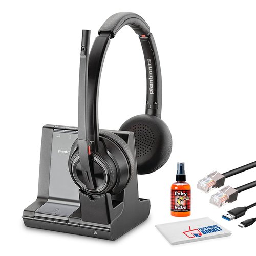 Poly Plantronics Savi 8220 UC Wireless DECT Headset System - Dual Ear - Teams Certified - Bluetooth Bundle Including: USB Type-A Cable, Base, RJ11 Cable, Goby Labs Headphone Cleaner, Fiber Cloth