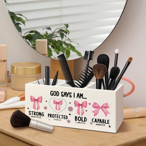 AQYIP Christian God Says I Am Wooden Pen Pencil Holder for Desk Accessories, Christian Gifts for Women, Pink Coquette Bow Bible Verse Wood Makeup Brush Toothbrush Holder Organizer for Vanity Bathroom