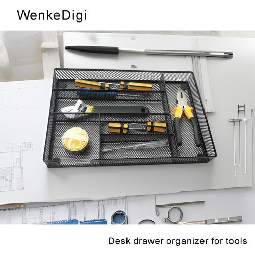 WenkeDigi New Desk Drawer Organizer, Desk Organizer,Metal Mesh Office Drawer Organizer Tray, 6 Compartments for Office School Home,12.6 x 8.27 x 1.57 inch, Black (1pc pack)