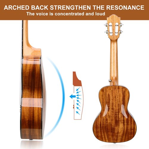 Hricane Professional Concert Ukulele 23 Inch for Adults, Koa Acacia Solid Wood Ukelele Beginners Kit Glossy Satin Finished Body with Gig Bag Tuner Strap Strings Set Pick