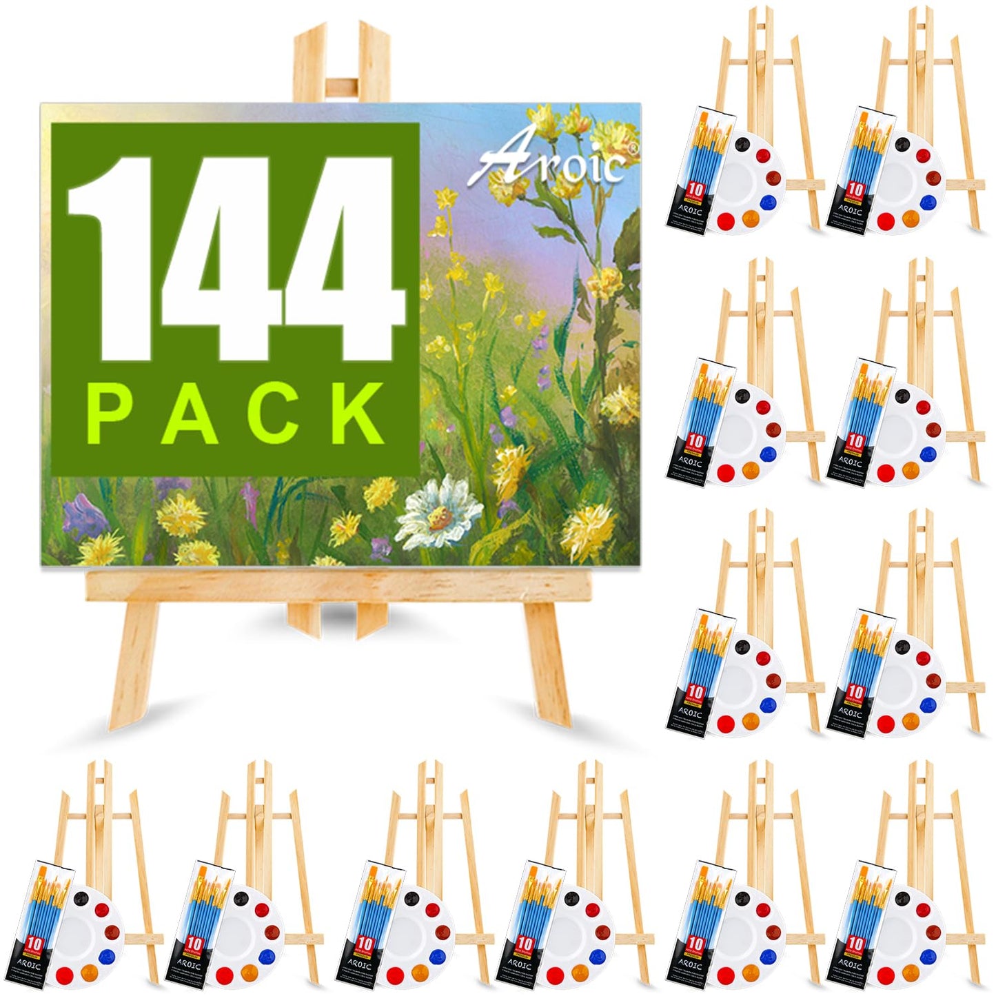 144 PCS Professional Painting Set, 12 PCS Wood Easels,12 Packs of 120 Brushes with Nylon Brush Head and 12 PCS Palettes, Painting Supplies kit for Kids & Adults Party.