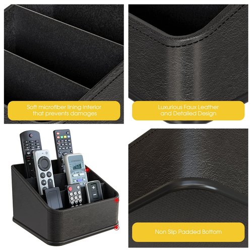JACKCUBE Remote Control Holder with 3 Compartments, PU Leather Remote Caddy Desktop Organizer for TV, DVD, Blu-Ray, Media Player, Heater Controllers (Black) - MK122B