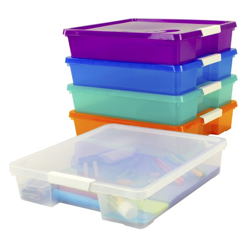 Storex Classroom Student Project Box, Plastic, 15.25 x 13.25 x 3.25 inches , Assorted Tints, 5-Pack (63202U05C), standard sized