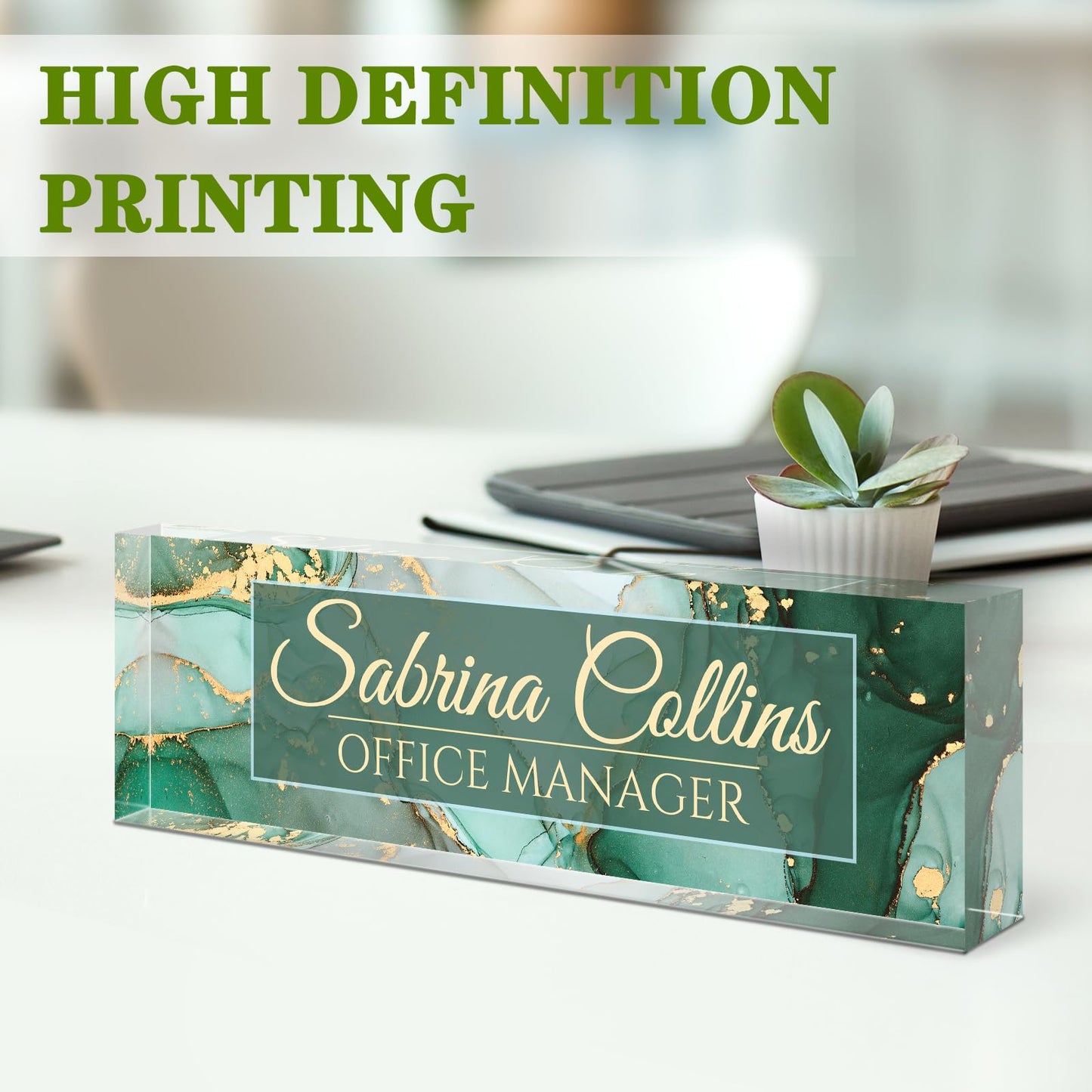 Name Plate for Desk, Desk Name Plate Personalized, Office Decor for Women Men, Acrylic Desktop Accessories, Office Gifts for Boss Nurse Teacher Coworker, Employee Appreciation Gift (Green Coast B)