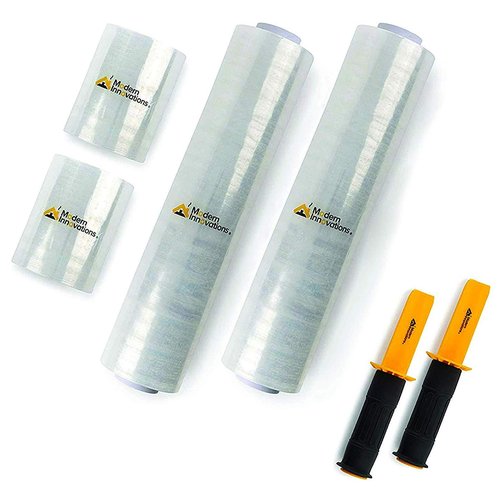 Modern Innovations Clear Stretch Wrap Roll Bundle - (2) 15" Rolls, (2) 5" Rolls, (2) Handles,(4000 Feet) Shrink Wrap for Moving, Packing Supplies for Wrapping Furniture, Plastic Pallet Cling