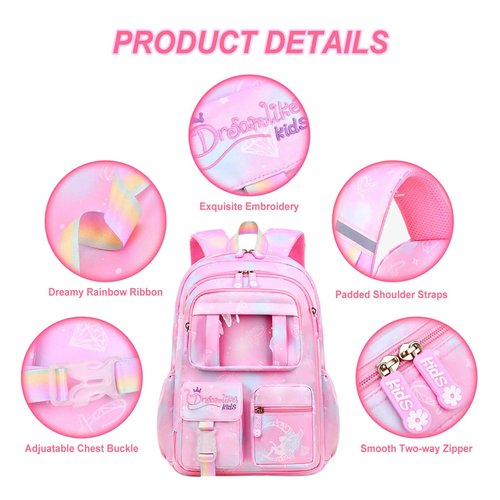 6Pcs Kawaii Backpack Set for Girls, Cute Pink Lightweight Daypack Kids Bookbag Large Capacity Laptop Bag, 17in Gradient Double Shoulder Backpack with Portable Lunch Bag(Purple)