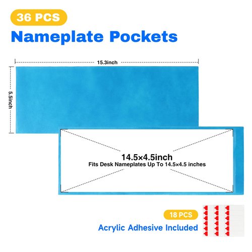 Nameplate Pocket, Name Tag Pockets for Desks, 15.3" x 5.5'' Non-Woven Fabric Adhesive Clear Nametag Sleeves Covers for Student Desks, Classroom Suppliers (36 PCS)