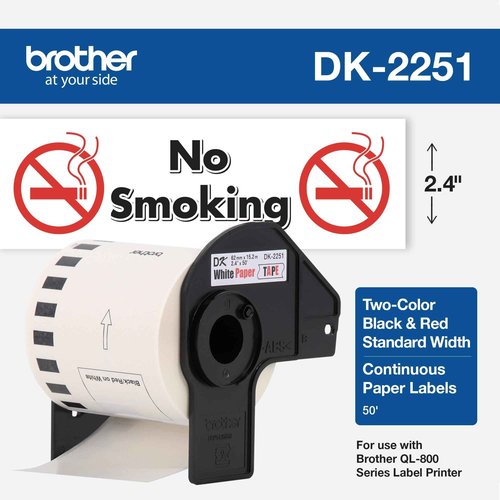 Brother Genuine DK-2251 Continuous Length Replacement Labels, Black/Red Label on White Paper Tape, Engineered with Excellence, 2.4” x 50 feet, 1 Roll per Box