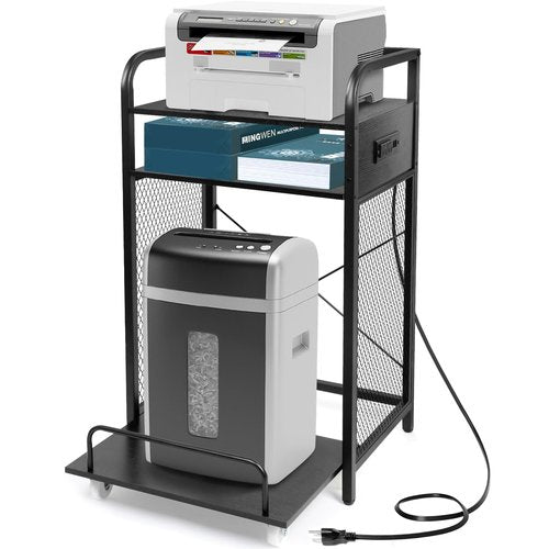3-Tier Printer and Shredder Stand with Pull Out Shelf, 20" L x 14" W x 34" H Floor-Standing Printer Shredder Stand with Power Outlet, Printer Stand with Shredder Storage, Office Storage Rack