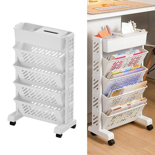RWUDV Movable Deskside Bookshelf Book Rack Storage Bookshelf Rolling Book Cart Compact Desk Storage Organizer with Caster Wheels Corner Display Rack Multi Purpose Rolling Cart(5 Layer)