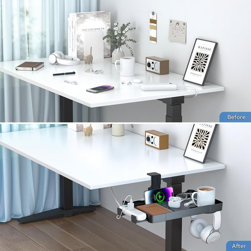 KDD Under Desk Organizer - 360° Rotating Clamp-On Tray with Headphone Hook, Phone & Tablet Holder, Cup Holder, and Cable Management - No Drilling Desk Storage Accessories for Office and Home