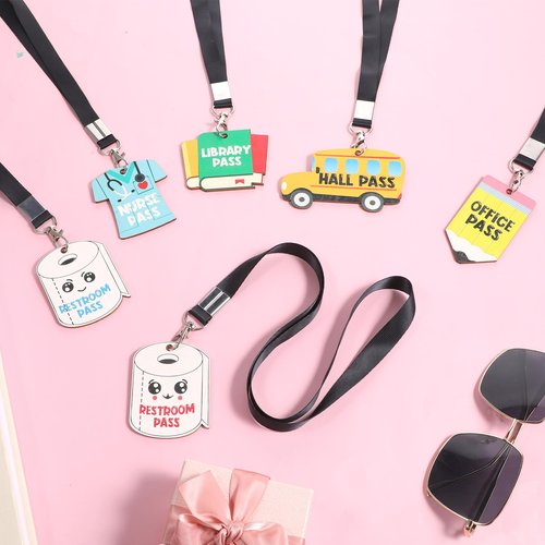 6 Sets Hall Pass Lanyards and School Passes Set,Unbreakable Wooden Passes,Cute Classroom Pass for School Classroom Hall Restroom Bathroom Library Office Nurse Teacher Supplies