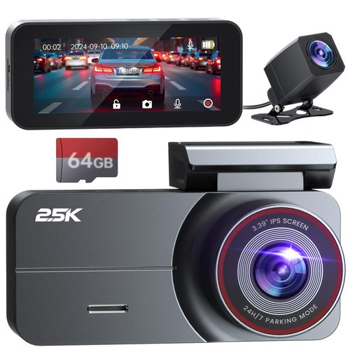 Yonvim Dash Cam Front and Rear 2.5K + 1080P QHD Dual Dash Camera for Cars 3.39” IPS Dashcam, Night Vision, G-Sensor Loop Recording, 64GB Card Included, 160° Wide Angle, 24H Parking Mode