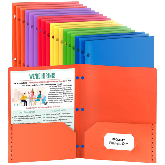 18 Pack Folders with Pockets, Plastic 3 Hole Punched Binder Folders with Business Card Holder, Colored Decorative File Folders for Documents, Filing Cabinet, School, Office, Business
