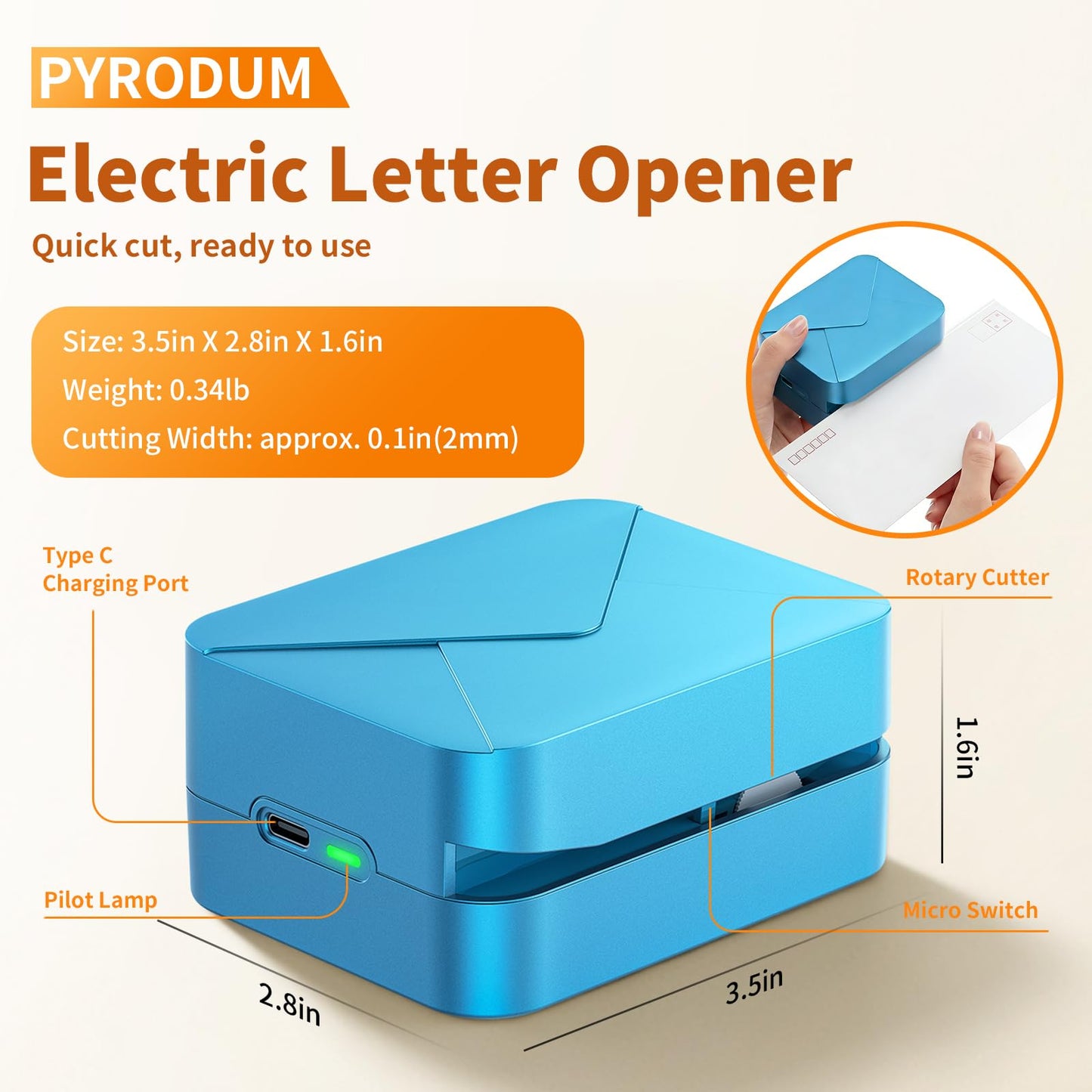 PYRODUM Rechargeable Electric Letter Opener – Automatic Envelope Slitter with Safe Hidden Blade, 1500 Cuts per Charge, Portable Mail Opener for Office Home Desk, Elderly Friendly, No Battery Needed