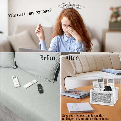 SWTHONY 360 Rotating TV Remote Control Holder Caddy Storage for Table, Silver Bling Crushed Diamond Organizer for Pens and Pencils, Make Up Brushes