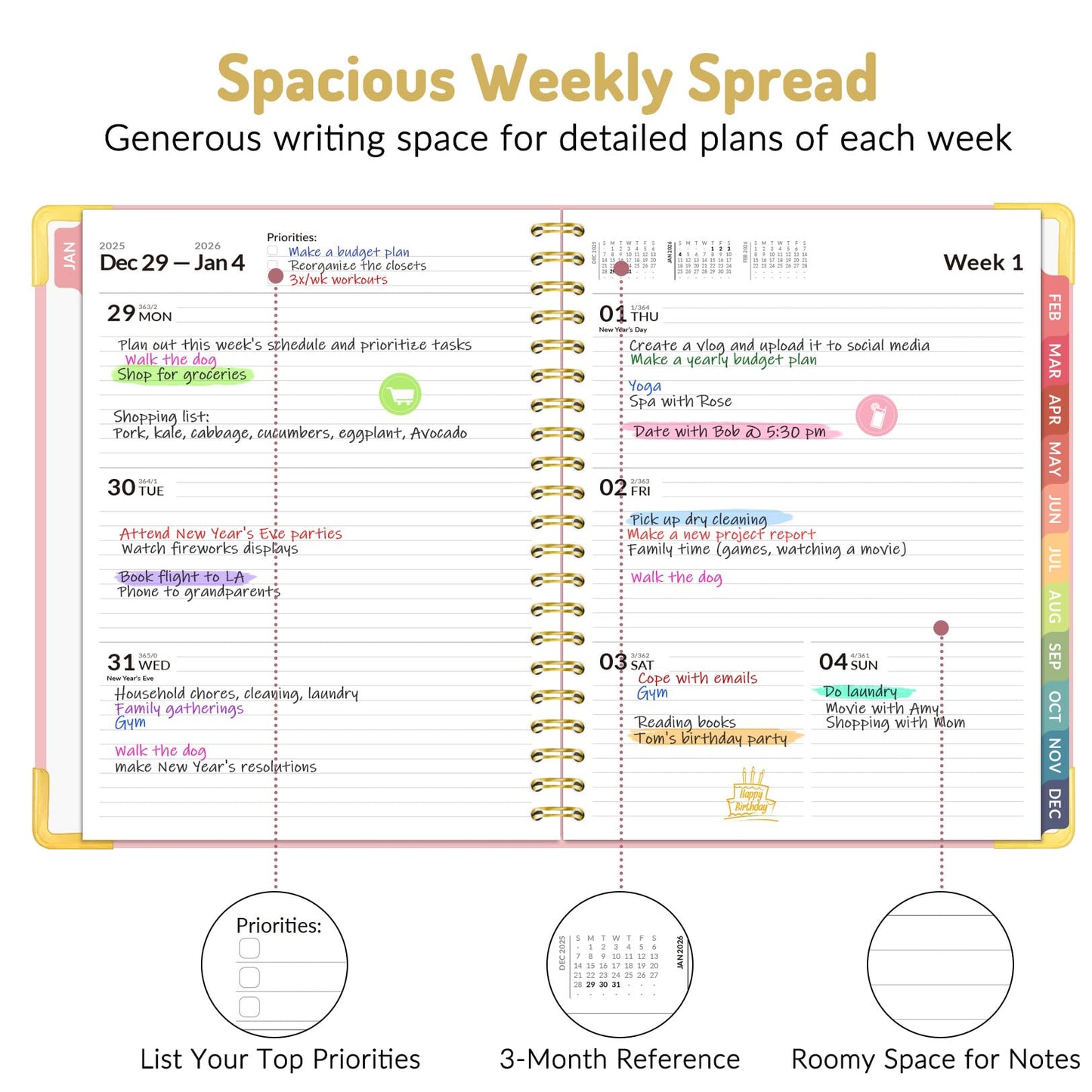 Forvencer 2026 Planner, Hardcover Calendar Planner Weekly and Monthly, Jan 2026 - Dec 2026, 8.5" x 11", Spiral Daily Organizer for Home School, Pink