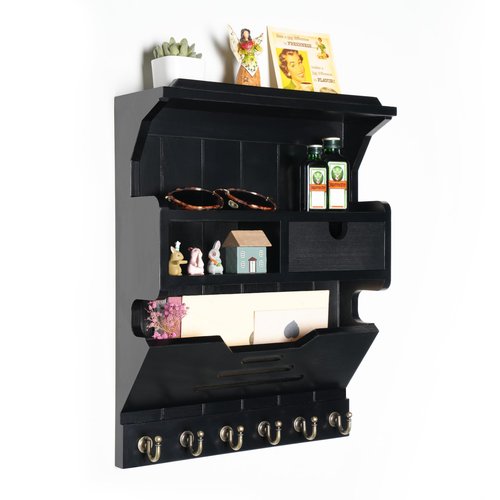 Mutsault Key Holder for Wall, Elegant Wall-Mounted Mail Organizer with Storage Drawers, Black