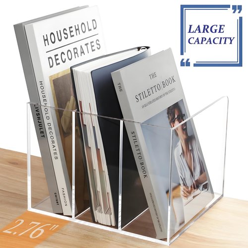 Aphbrada Clear Magazine File Holder with 3 Vertical Compartments, Acrylic Desk Organizer and Accessories Magazine Rack File Organizer Workspace Sorters Bookend for Office Home Desktop