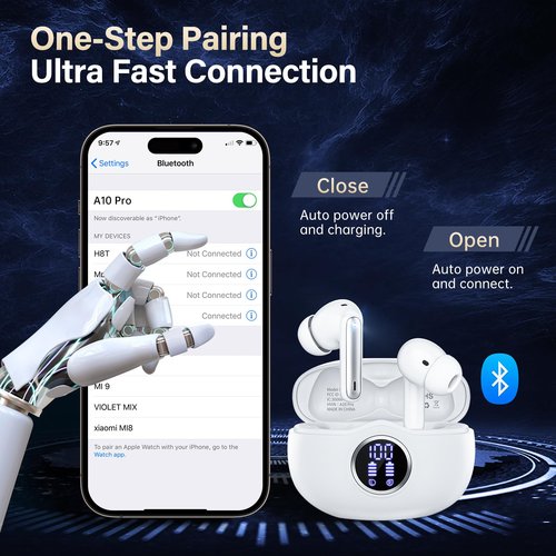 Sisism A10 Pro Wireless Earbuds Bluetooth 5.3 HiFi Stereo, 50H Playback LED Digital Display Earphones, ENC Noise Cancelling Mic, Ergonomic Sport Headphone Headset for Gym/Running/Work - White