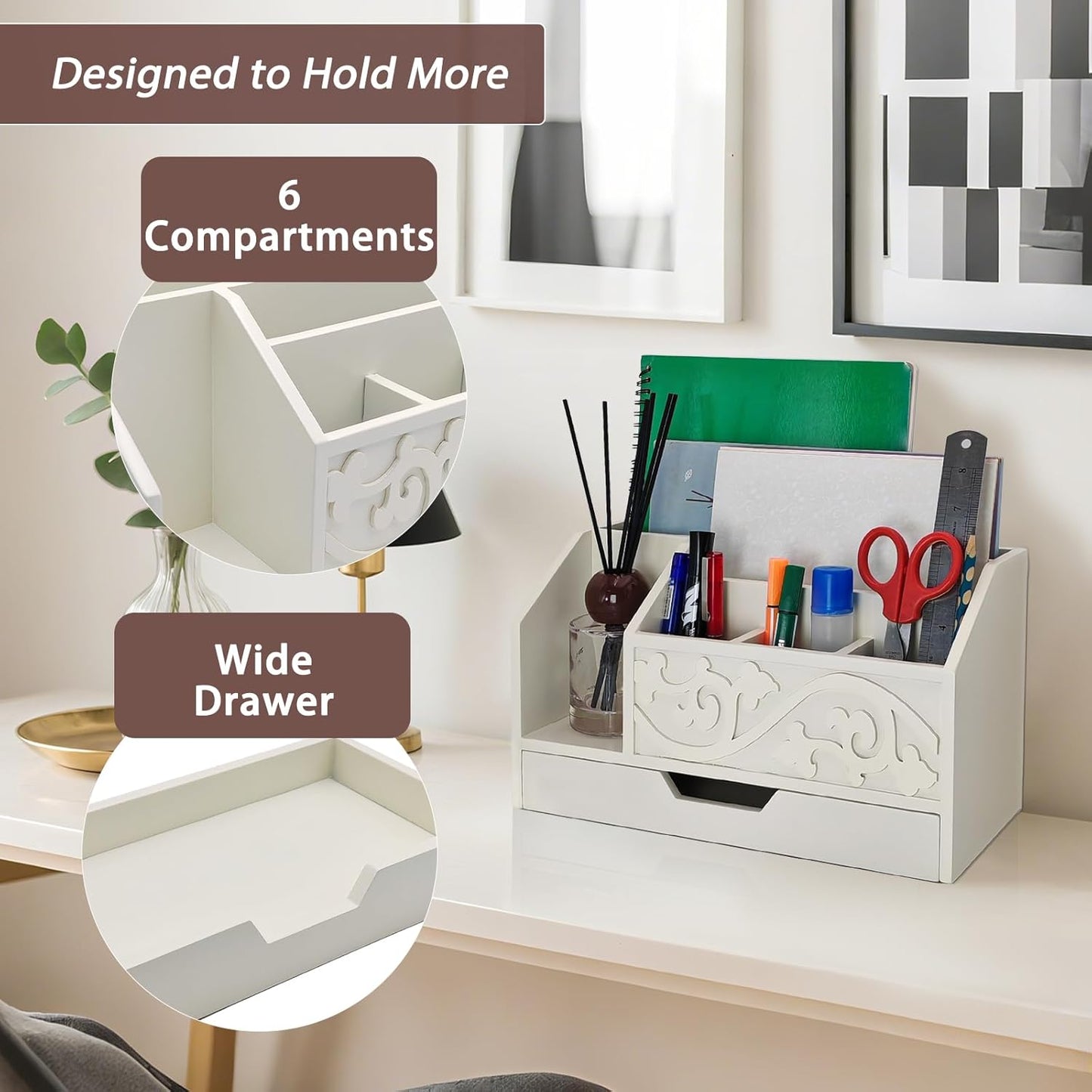 Skiennix White Wooden Mail Organizer - Stylish Three-Tier Desk Accessory with Drawer for Office Storage