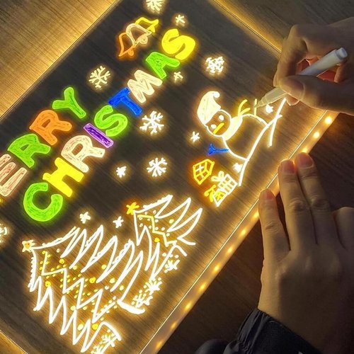 Cosmody Lumiboard LED Drawing Board, Lumi Board LED Drawing Tablet, Doodle Glow LED Note Board, Home and Oak Creative Magic Board with 12 Colors, Light Up Acrylic Dry Erase Board (7.9*11.9in +12 pens)