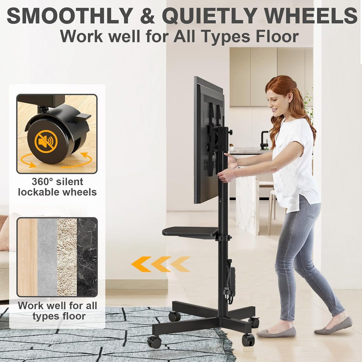 TVON Mobile TV Stand - Adjustable Rolling Cart with Power Outlet for 23-65 Inch TVs | Max VESA 400x400mm