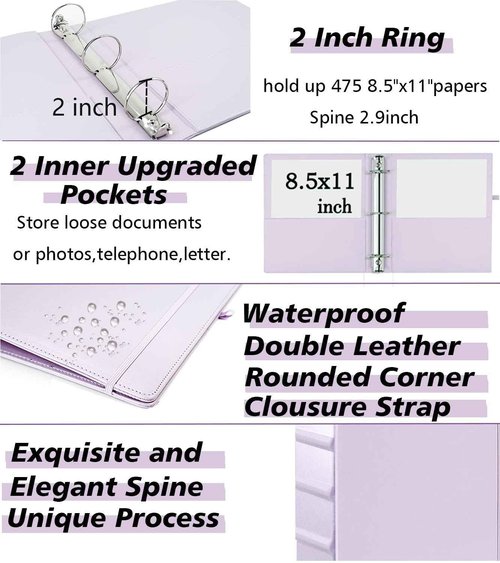 Leather 3 Ring Binder, 2 Inch Binders with Clipboards, 5-Tabs Pockets Dividers, 18 Divider Stikers, Plastic Folder, Pen Holder, Three Ring Binder with Pen Holder(Purple, Letter Size)