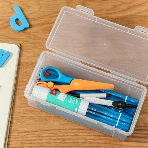Swuj Clear Plastic Pencil Case Box 8 Pack, Stackable Craft Storage Organizer for Pens Markers Art Supplies, School Office Hobby Container with Snap Lid (Rectangular Large - 8 Pack)
