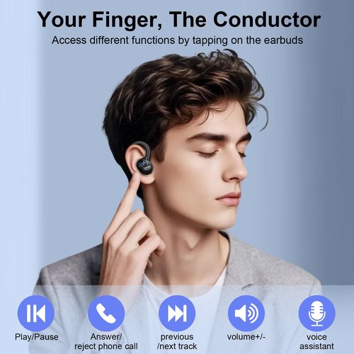 Wireless Earbuds, Bluetooth 5.4 Headphones Stereo Deep Bass with Earhooks, 50H Bluetooth Ear Buds with Noise Cancelling Mic, Fast Charging Digital Display IP7 Waterproof Earphones for Workout/Sports