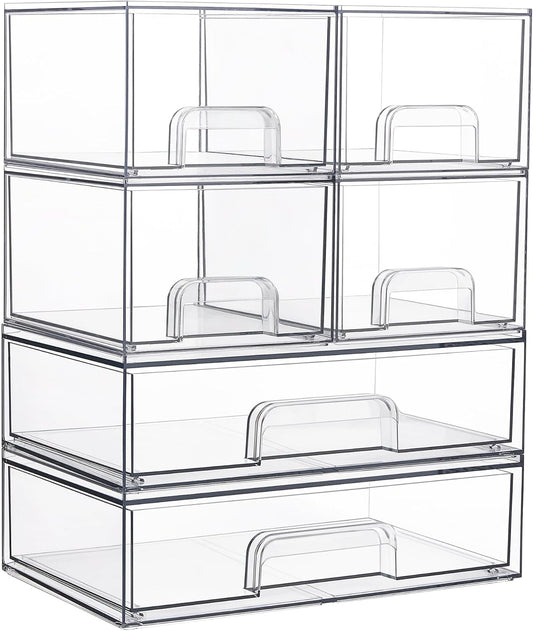 Vtopmart Stackable Storage Drawers - Clear Plastic Organizer Bins for Bathroom & Pantry | Set of 6