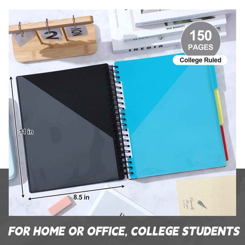 Yeaqee 4 Pack 3 Subject Notebook, College Ruled, Spiral Notebook with Removable Dividers, 8.5" x 11" 300 Pages (150 Sheets) Writing Journal for School Office Home Supplies