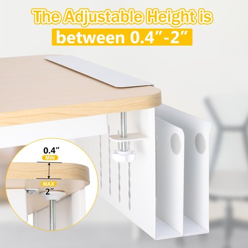 Henitol 2 TIER Desk Side Storage Upgraded Under Desk Organizer, No Drill Hanging Laptop Holder Under Desk, Clamp-On Table Side Tray Steel Desktop Organization for Office and Home (White)