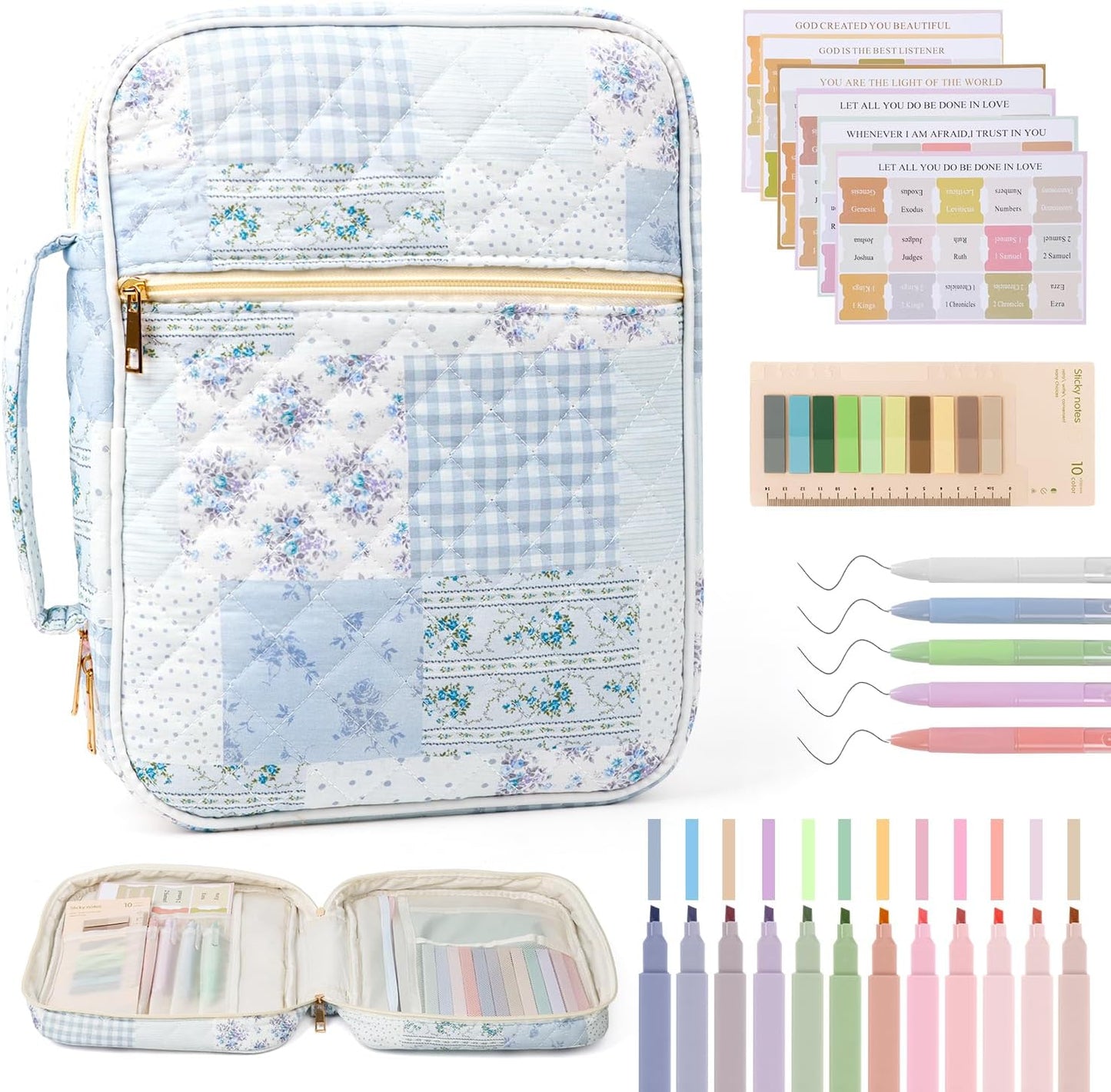 Skiennix Bible Cover Case for Women - Large Quilted Carrying Bag with Handles | Cotton Blue Patchwork, M