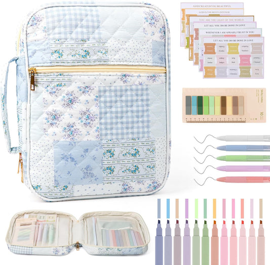 Skiennix Bible Cover Case for Women - Large Quilted Carrying Bag with Handles | Cotton Blue Patchwork, M