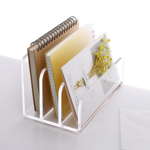 SANRUI Acrylic Mail File Organizer Sorters for Desk, 3 Upright Compartments Laddered Clear Desktop Vertical Letter Holder, Multifunction Envelope Folder Racks Holders for Office,Home, School