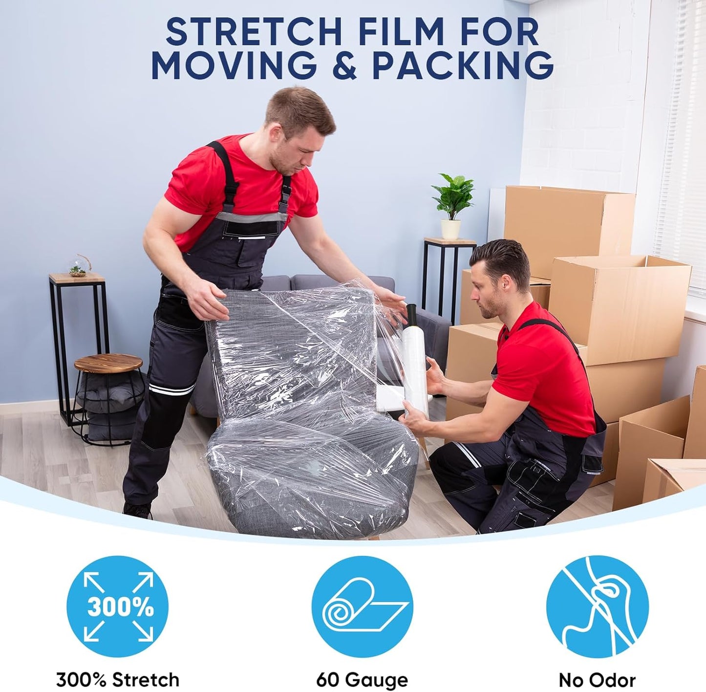 TICONN Stretch Wrap Roll - 1000ft Industrial Strength 15" Wide Clear Plastic Film with Handles for Easy Pallet Wrapping