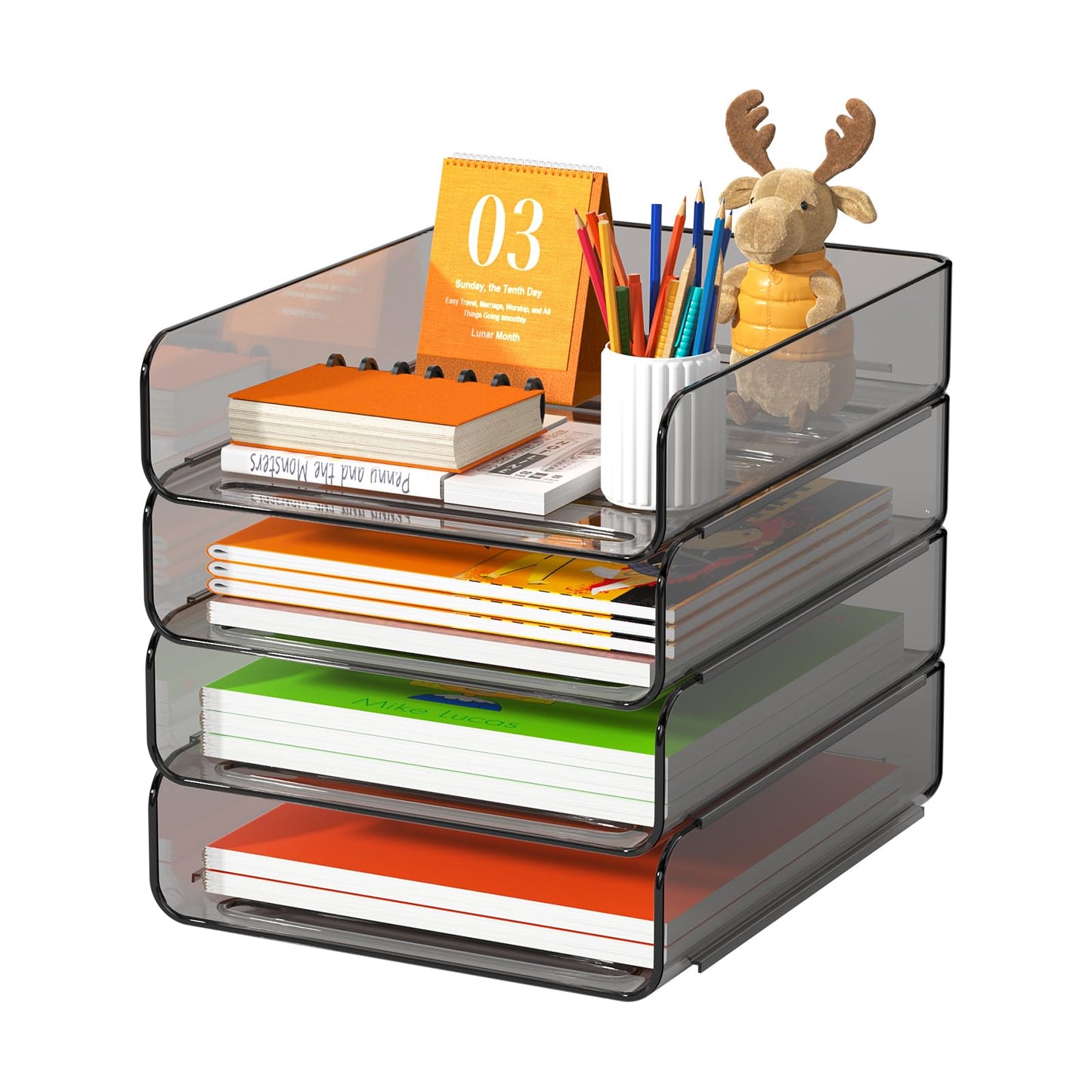 FANXIYQ 4-Tier Acrylic Paper Tray Organizer, Smoked Brown Stackable Desk File Organizer for Documents, Files, Letters, A4 Paper, Books, Notes, Mail & Paper Storage, Office Classroom Home