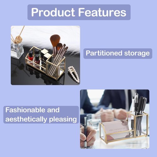 Clipore Glass Business Card Holder Metal Pen Pencil Storage Holder for Desk Clear Business Card Display Organizer Case for Office （gold） Send Goods from Local Warehouse