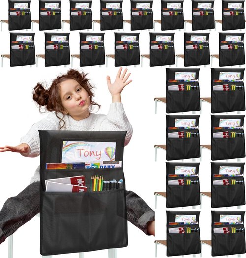 EAONE Chair Pockets for Classrooms Set of 24, Large Capacity Seat Pockets Organizer 17” x 19”, Back of Chair Storage Bag with DIY Name Tags for Student School Classroom Supplies, Black